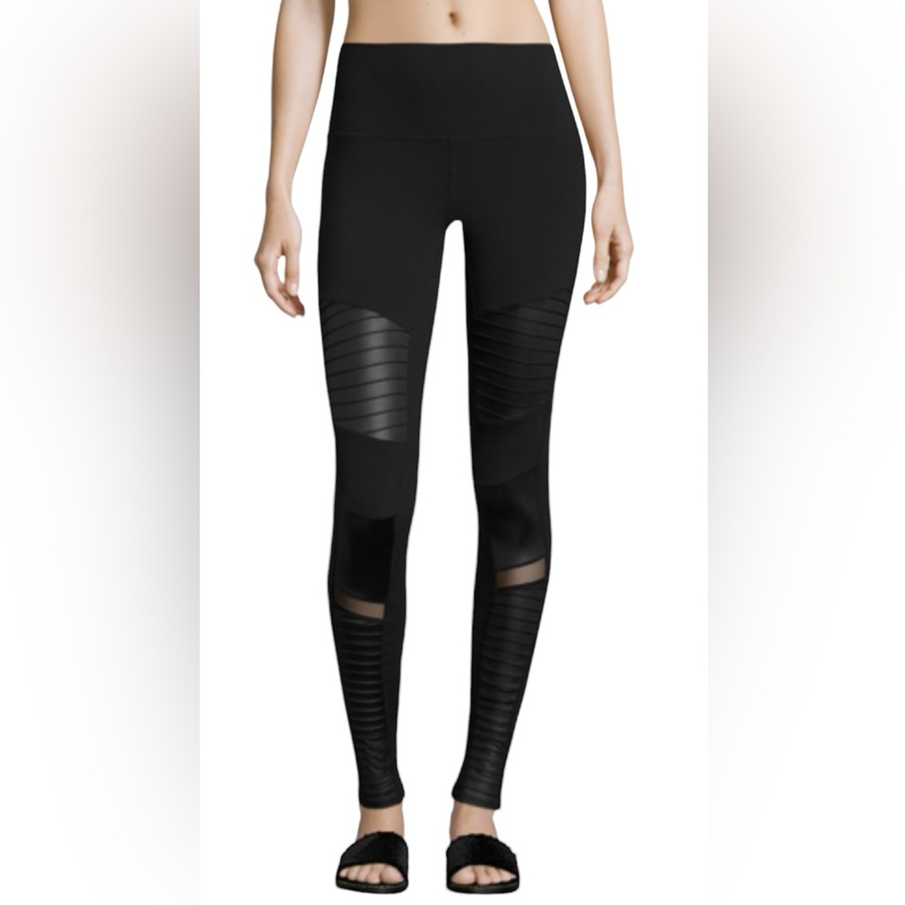 Alo Yoga High Waisted Moto Leggings Black Size S Faux Leather Mesh Panels
